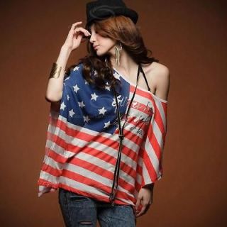 Fashionable One Shoulder American Flag Type Bat Wing Sleeve Blouse For 