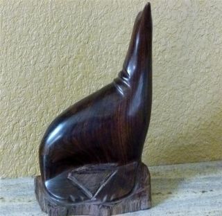Large Vtg Mid Century Carved IRONWOOD SEAL On Rock Ocean Carving 