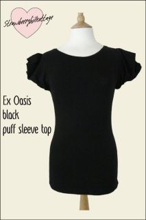 Ex Oasis black puff sleeved stretch fit cotton top / blouse size XS 