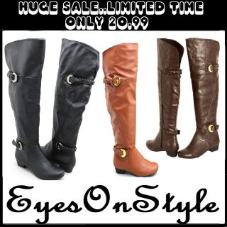 New Womens Over the Knee Buckle Faux Leather Winter Riding Boots Alamo 