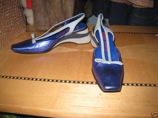 Miu Miu blue metallic bow low wedge weird shoes sz 36.5