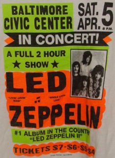 Led Zeppelin Globe Poster T Shirt Baltimore Civic Center Sat. Apr. 5 
