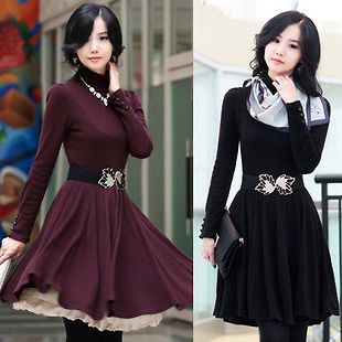 Fashion Womens Korean Long sleeved Knitted Skirt Slim OL Dress(Belt 