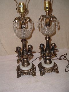 Pair Vintage Lamps w 2 Cherub/Putti/Baby w Prisms