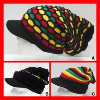   Knitted Oversized Slouch Rasta Jamaica Peak Visor Beanie Cap Hat
