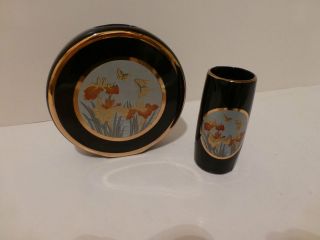   Chokin Art Butterfly and Iris Matching Miniature Vases (2) Japan