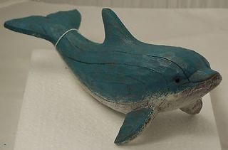 Dolphin Figurine Carved Wood Sculpture 10x4 Tropical Decor Blue Beach 