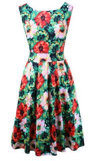 Red & Green Floral Print 50s Style Day Dress Peggy Size 16 New