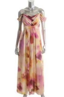 Kay Unger NEW Multi Color Watercolor Silk Open Shoulder Formal Dress 