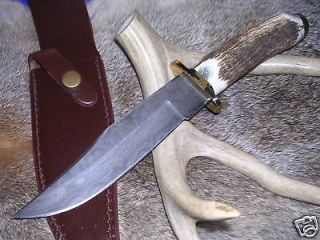 DAMASCUS STAG F N H HUNTING BOWIE KNIFE W/ SHEATH CASE NR