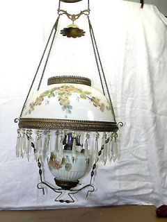 Vintage Victorian Brass Hanging Oil Lamp Light,H.Painted Flowers Glass 