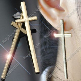 Polish Gold Long Skinny Cross Ear Cuff Stud Earrings Goth Punk Rock 
