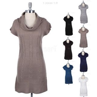Warm Knit Casual Cowl Neck Short Sleeve Ribbed Sweater Tunic Dress 