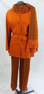 Vintage 60s 70s Bizet Wool Knit Shirt Pants Scarf Burnt Orange Brown 