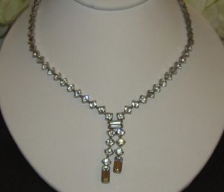 Vintage Signed KRAMER Clear Rhinestone Dangle Necklace Baguette 