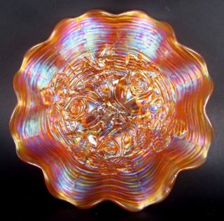 ROSE SHOW by NORTHWOOD ~ PUMPKIN MARIGOLD 8 RUFFLE CARNIVAL GLASS BOWL