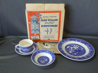 Vtg Blue Willow Ware Dinnerware 4 Pc Place Setting Plate Cup Saucer 