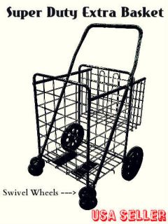   Folding Shopping Cart W/ Swivel Rotating Wheels & Extra Basket Laundry