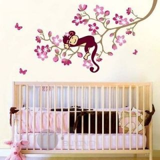   Monkey On The Tree Pink Flower Butterfly Cute Room Wall Sticker Decal