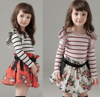 Ruffles Kids Toddlers Girls Striped Shirt Flower Skirt One piece Dress 