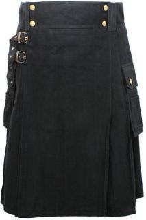 New Heavy Weight Black Cotton Utility Kilt For The Active Man   Size 