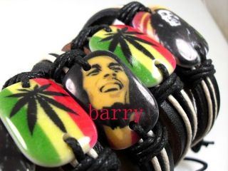 12 X Mens Bob Marley Leather Bracelet Rasta leaf Mix Jamaica Job lots