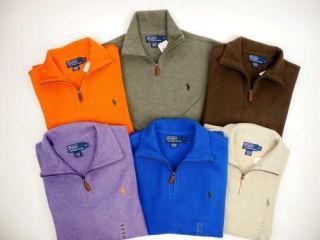 POLO RALPH LAUREN 1/2 Zip Ribbed Cotton Knit Sweater Leather Pull Tab 