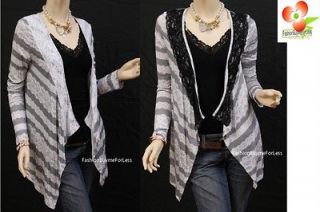 Be You Designer Gray Stripe Lace Jersey symmetric Sweater Cardigan Top 
