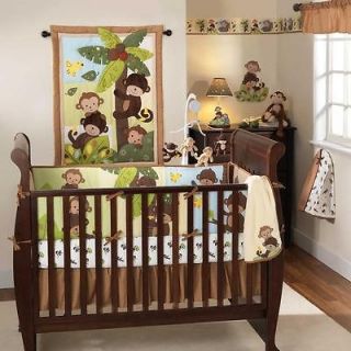 Green and Brown Tree Forest Animal Monkey 4pc Neutral Nursery Crib 