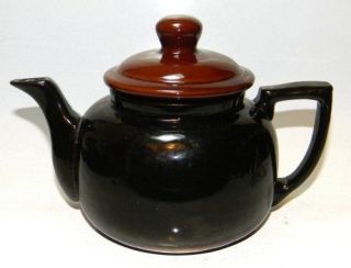 Vintage redware pottery black mirror finish Tea pot kettle brown lid 