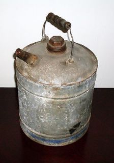   METAL OIL GAS CAN WITH WOODEN HANDLE SPOUT & CAP W/ BLUE LINE
