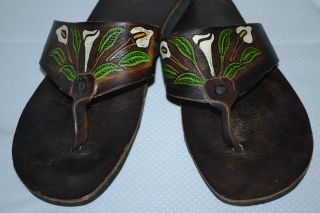   Womens Tooled Flower Leather MEXICAN Thong BoHo Flip Flop Sandals 10