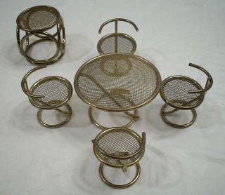 MINIATURE METAL AND WIRE DOLL HOUSE FURNITURE SET OF 6 TABLE AND 