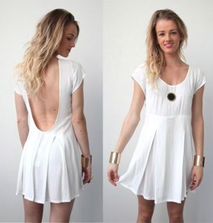 FESTIVAL WHITE SCOOP LOW CUT OUT BACK BACKLESS SKATER DRESS 6 10 12