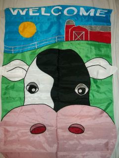   WELCOME TO THE BARNYARD APPLIQUED LARGE FLAG 28x44 W/RED BARN & COW