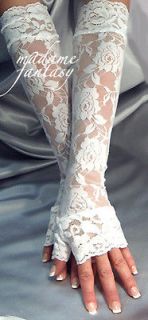 WHITE X LONG LACE FINGERLESS GLOVES WITH CUFFS / ARM WARMERS MF807