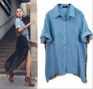 Vintage Fashion Leopard Women Top S Button Shirt Blouse Retro Denim 