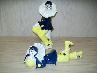 Figurine Pierrot Clowns Pair White Yellow Black Design Large Bring in 