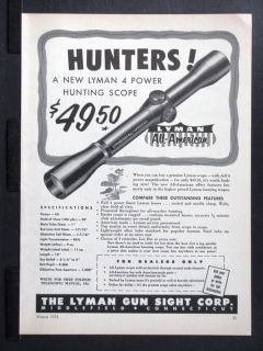 1954 LYMAN debut New ALL AMERICAN Telescopic Rifle Sight magazine Ad 