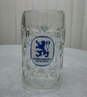 Large Lowenbrau Munchen 1 Liter Dimpled Glass Beer Mug Stein