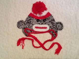 CROCHET BABY SOCK MONKEY EARFLAP HAT ~~ RED AND BROWN BABY MONKEY HAT