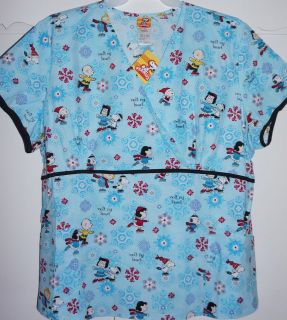 Christmas Peanuts Snoopy Medical Scrub Uniform Mock Wrap Top NWT L, XL 