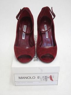 Manolo Blahnik Cranberry Suede Peep Toe Ankle Strap Heels 36 $565