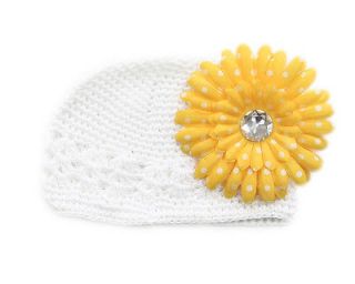 Yellow Gerbera Hair Flower Clip + White Crochet Cap Hat for Baby 