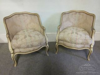 Antique French Louis XV Pair Gilt Accented Bergere Living Room Chairs