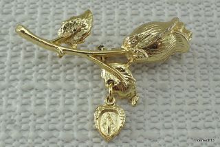 Rose Brooch Miraculous Medal Catholic vintage Figural Pin Goldtone 