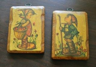 Vintage Hummel Print   Set of Two, one girl and one boy    on wood 