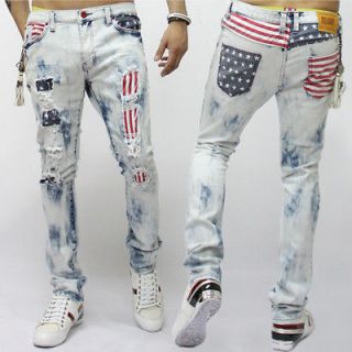 new mens fashion us flag printed vintage ripped jean