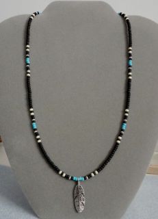 Black + Blue Turquoise Silver Feather Beaded Necklace Native American 