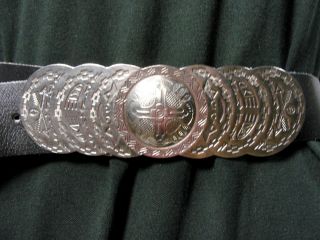 Vtg Bell Nickel Silver HUGE Southwestern Coin Belt Buckle w/ Black Fx 